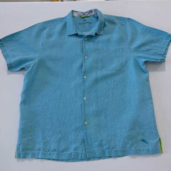 Tommy Bahama Mens XL Linen Short Sleeve Button Up Shirt Aqua Blue Marlin Logo - Picture 3 of 10